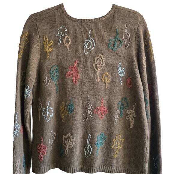 Embroidered Chocolate Brown Cardigan Large Fall Leaves Cottagecore Rustic New - Picture 5 of 9